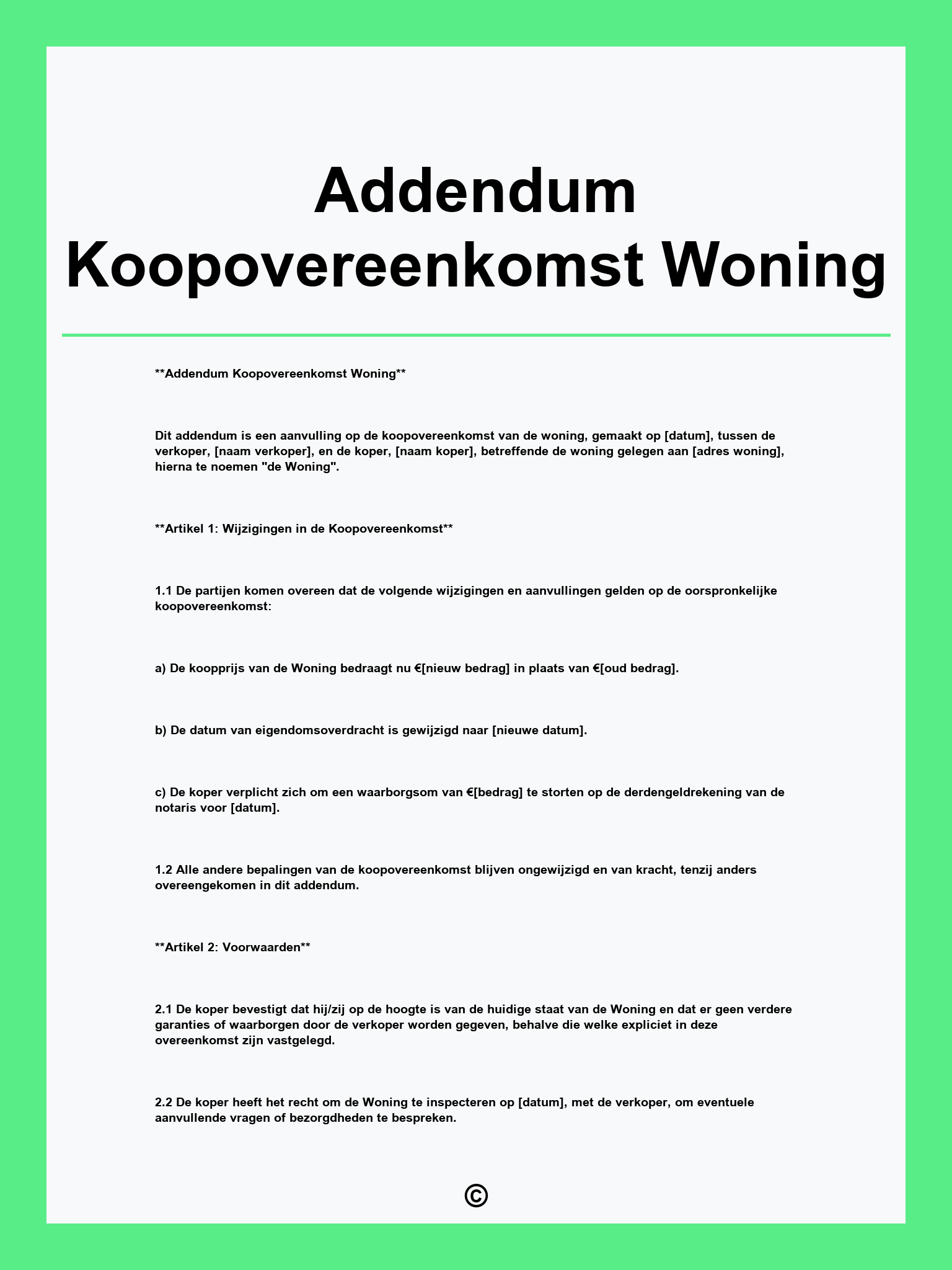 Addendum Koopovereenkomst Woning