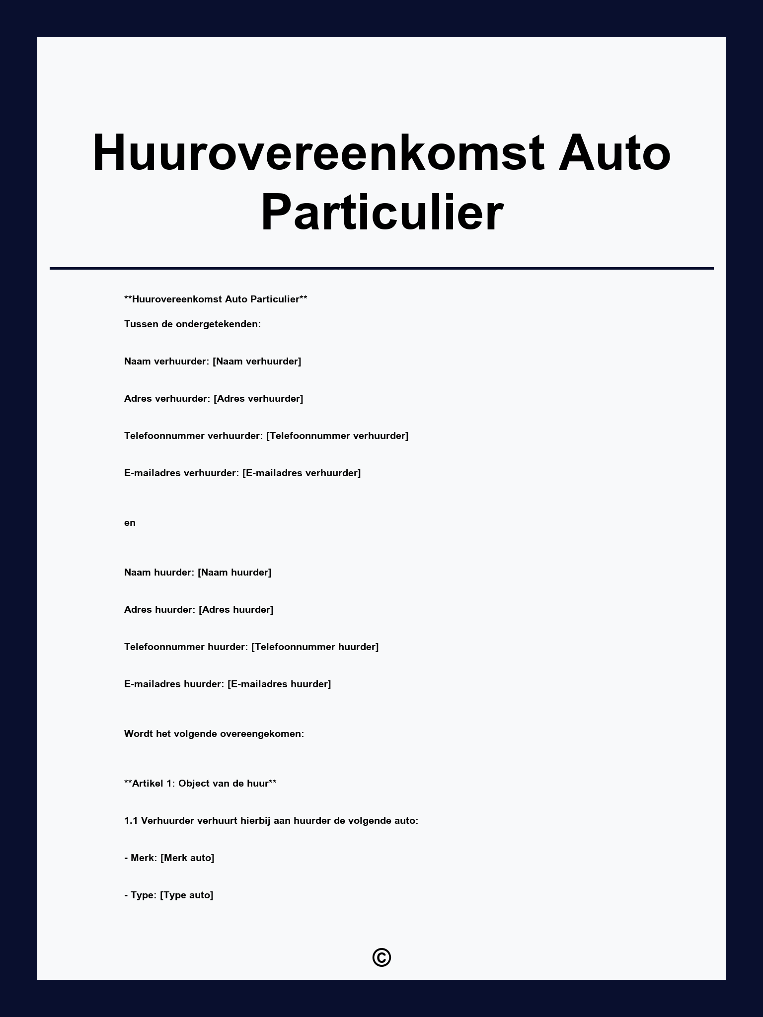Huurovereenkomst Auto Particulier
