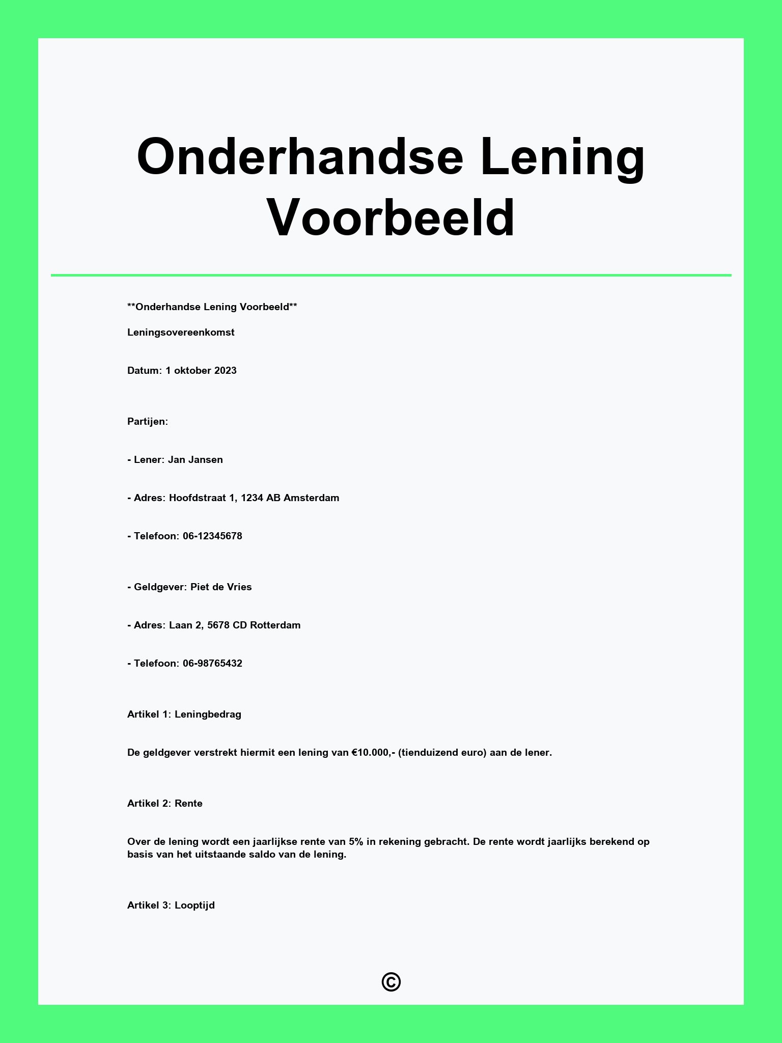 Onderhandse Lening Voorbeeld