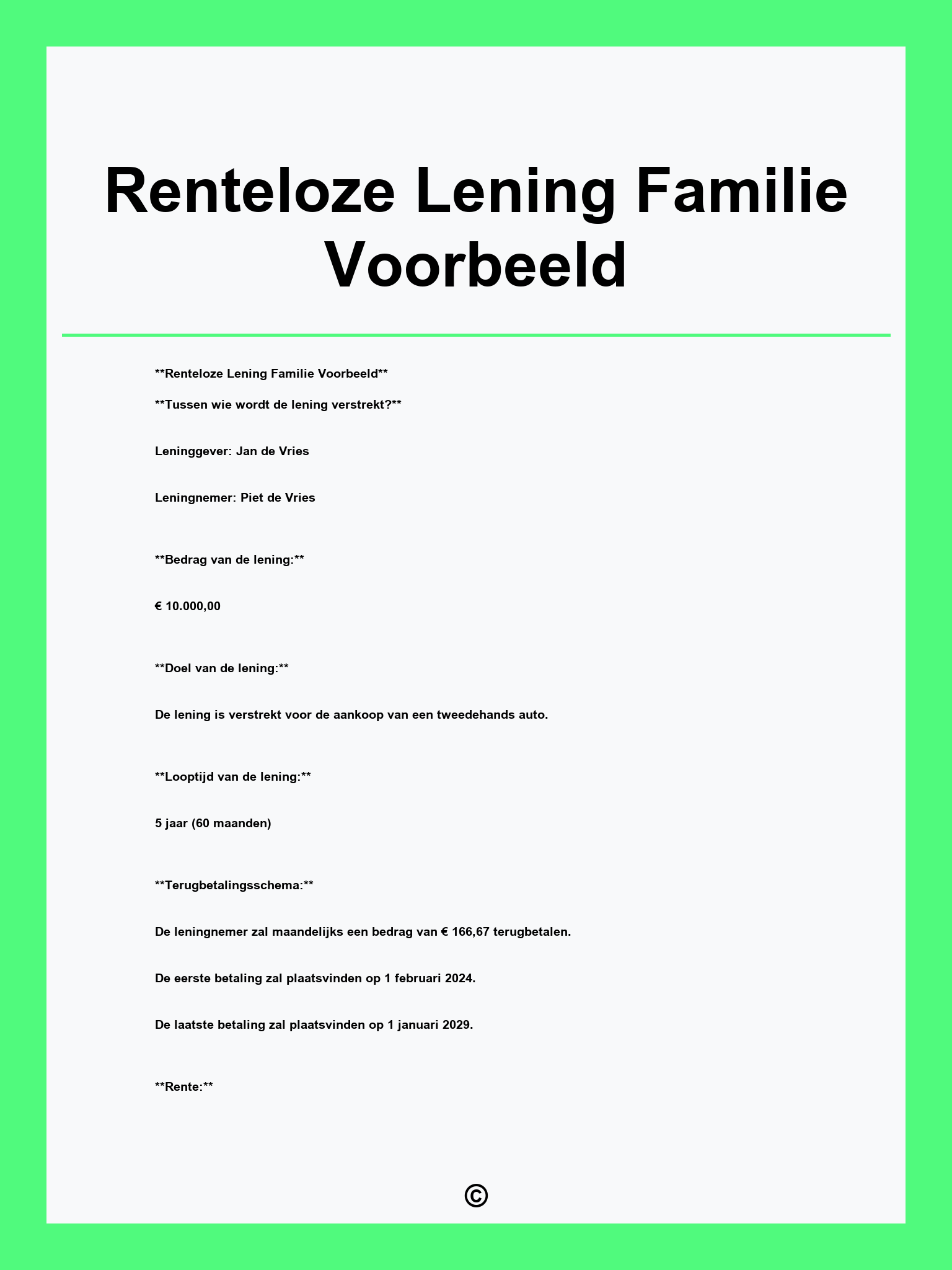 Renteloze Lening Familie Voorbeeld