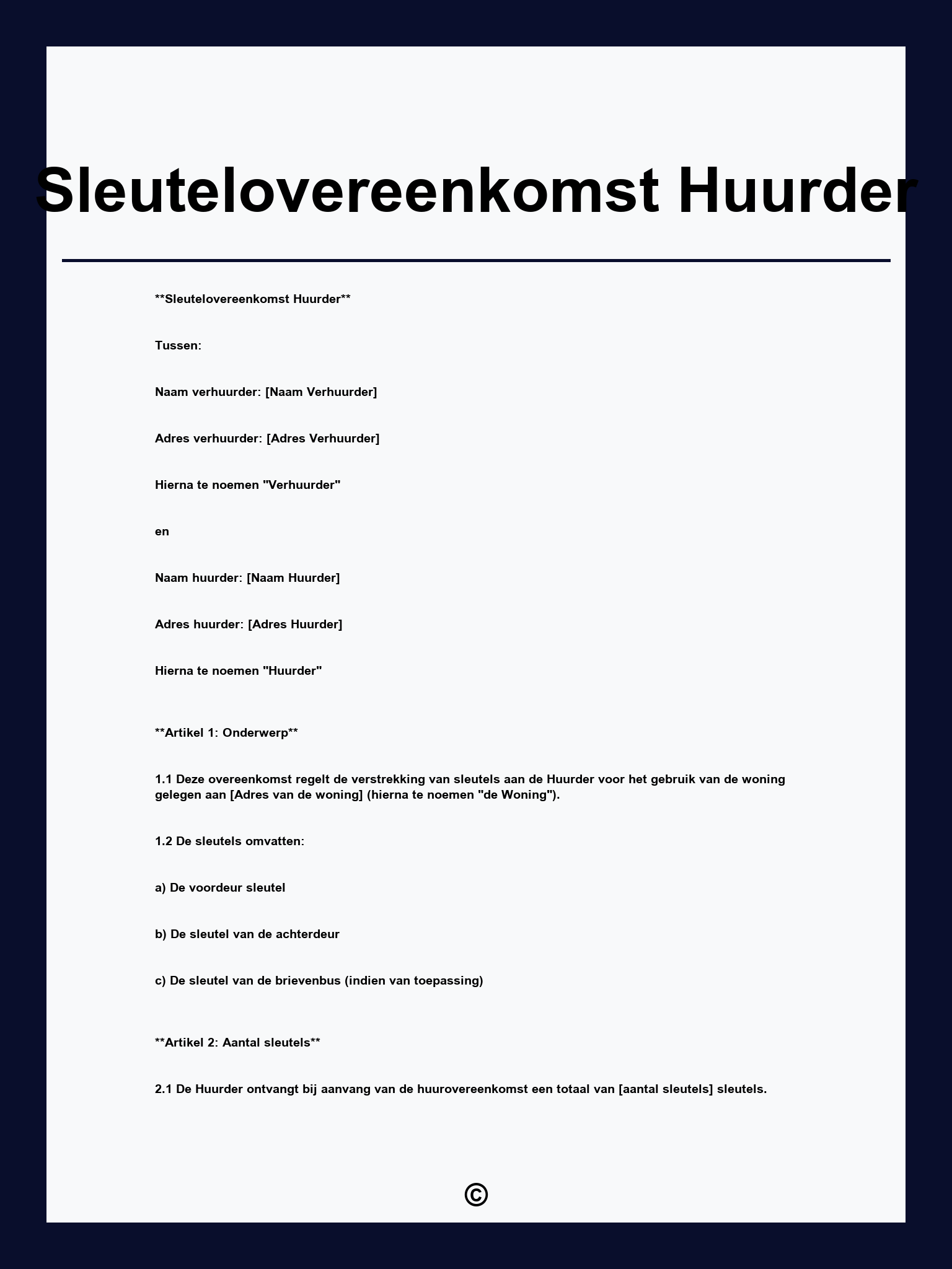 Sleutelovereenkomst Huurder