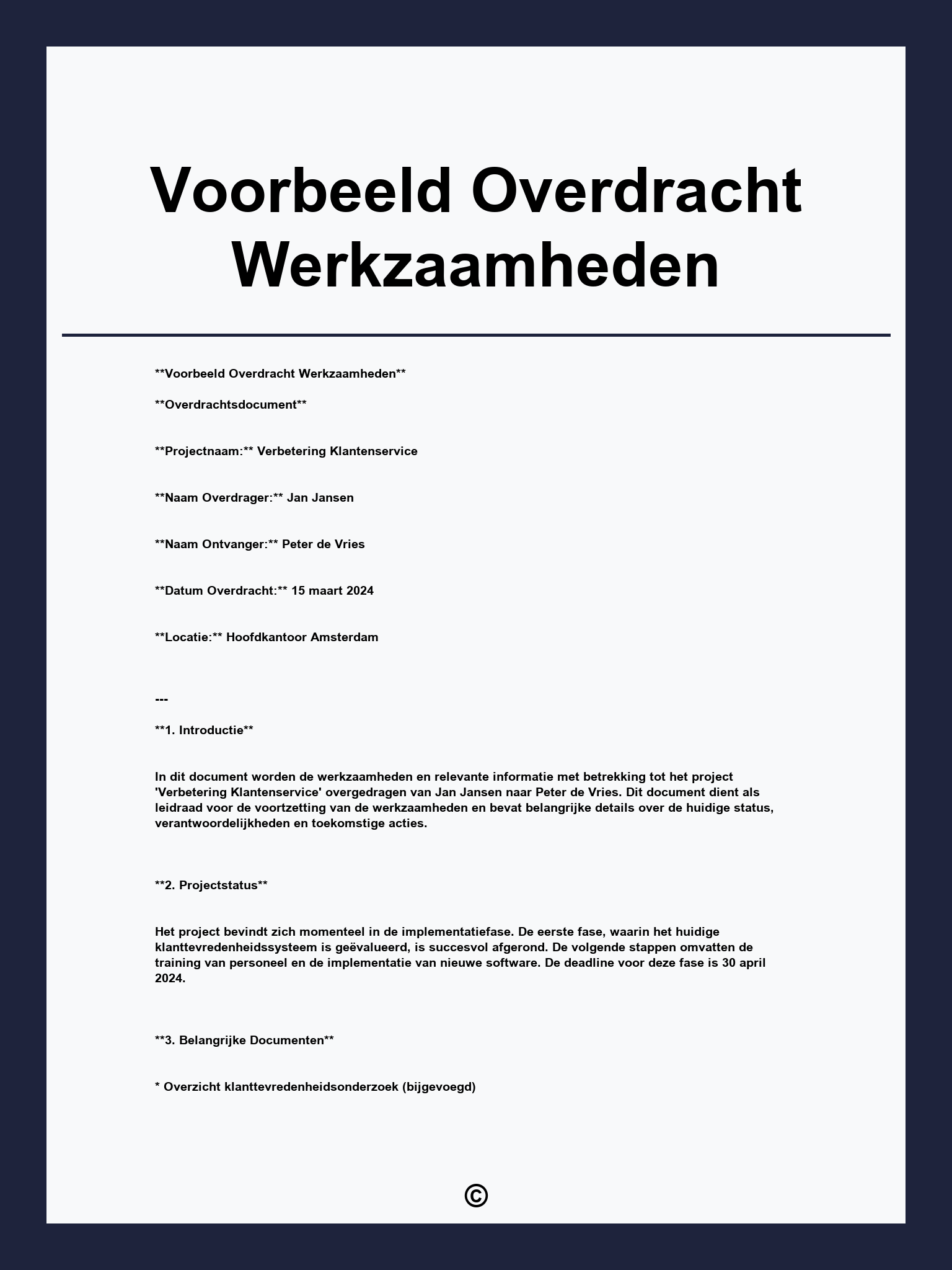 Voorbeeld Overdracht Werkzaamheden